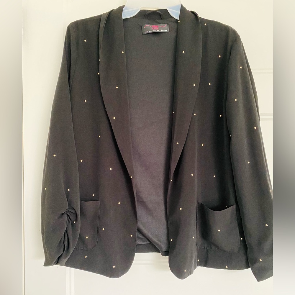 Chic Open Front Black Blazer - Gold Dot Embellished Studded - Size 8